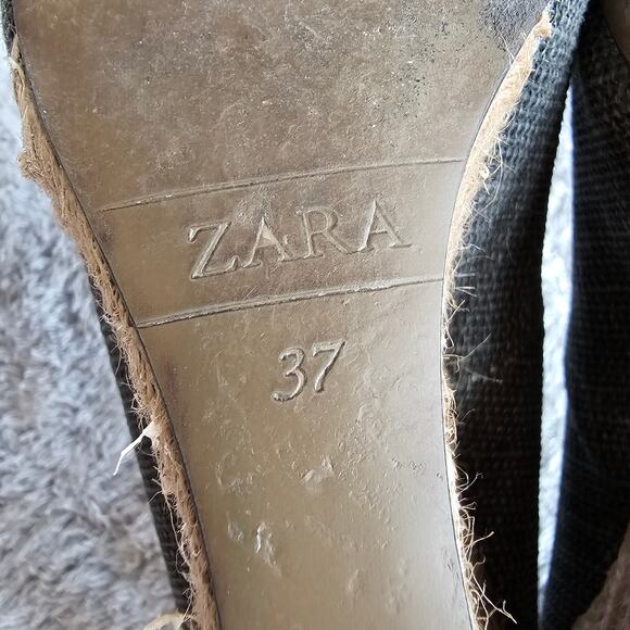 Zara Women's Peep‎ Toe Pom Pom Slip On Pump Wedge Espadrille Sandals 37 Sz 6.5 - Picture 6 of 6